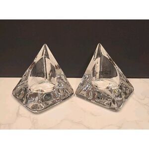 Nybro Crystal Pyramid Candle Holders by Tord Kjellstrom Sweden MCM Set of 2